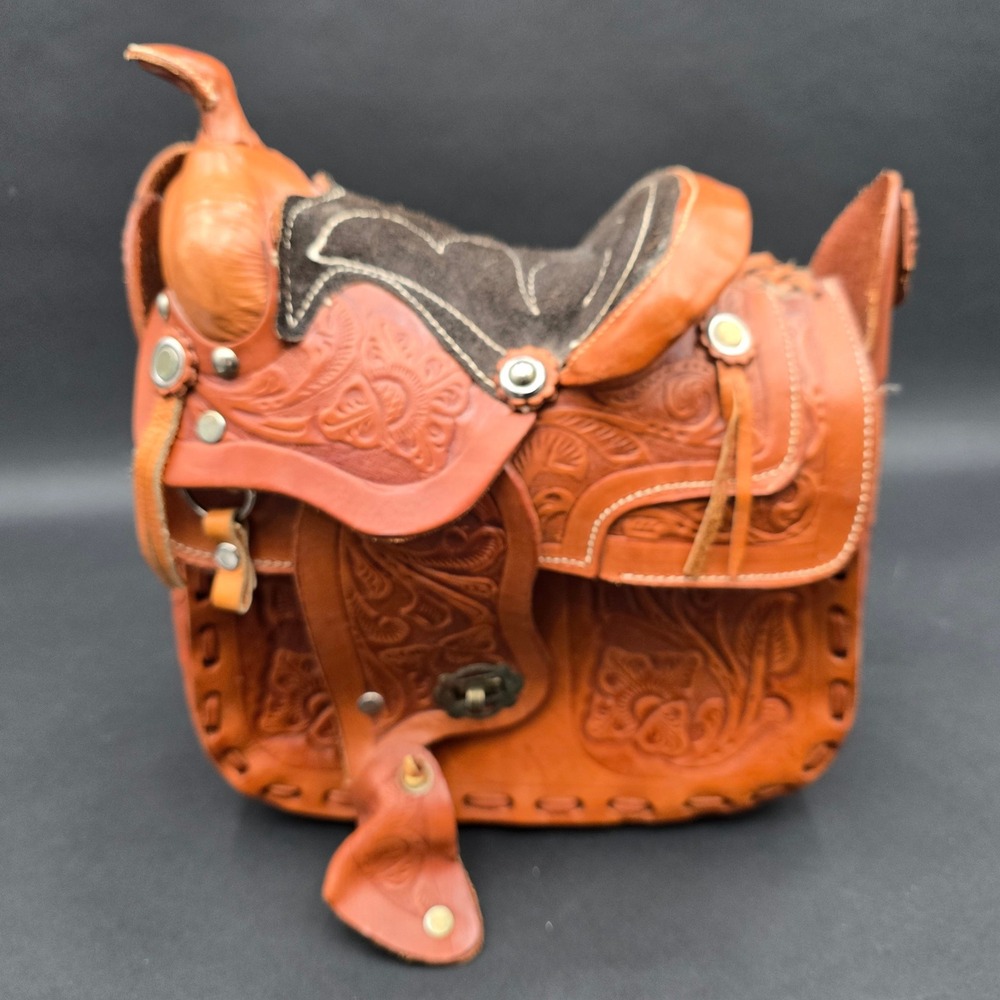 Vintage Hand Tooled Leather Western Saddle Shoulder Bag Floral Tan Crossbody